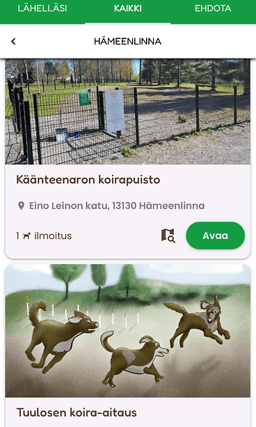 Kuvakaappaus Koirapuisto-sovelluksesta.
