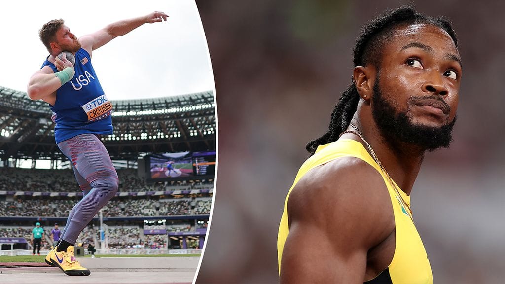 Ryan Crouser otti omansa kuularingissä. Pikajuoksija Kishane Thompson piti suunsa kiinni kulisseissa.