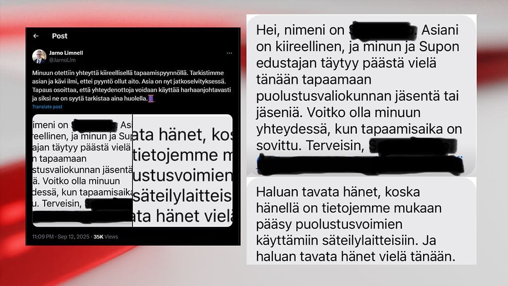 Kansanedustaja Jarno Limnéll julkaisi viestipalvelu X:ssä saamiaan tapaamispyyntöjä, joissa oli epäilyttäviä elementtejä.