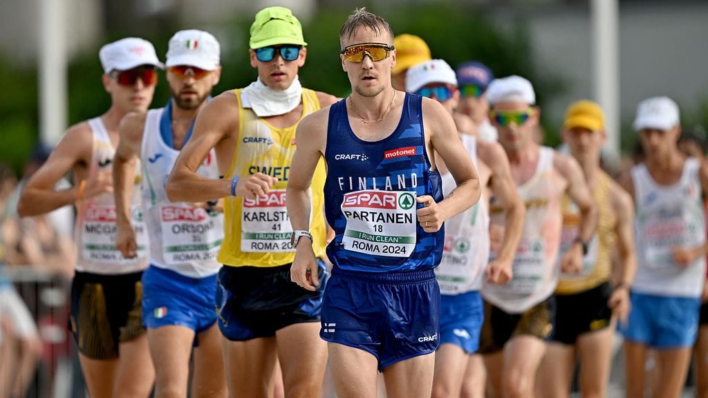 Aku Partanen on kokenut arvokisakävijä. Kuva vuoden 2024 EM-kisoista, joissa Partanen oli viides.