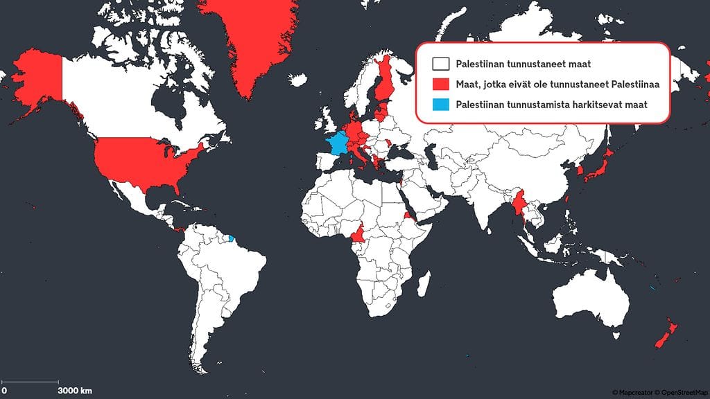Kaikki maailmankartan valkoisen väriset maat ovat tunnustaneet Palestiinan valtion, punaisella väritetyt eivät.