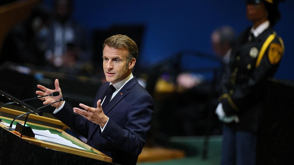 Emmanuel Macron piti puheen YK:n yleiskokouksessa.