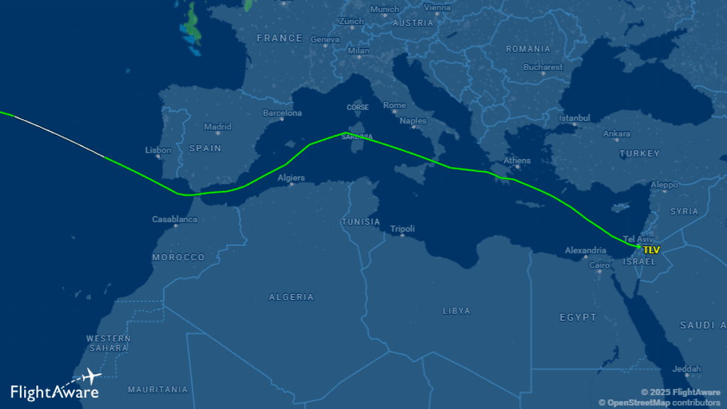 Netanjahun lentoreitti New Yorkiin 25.9.2025. Kuva FlightAware