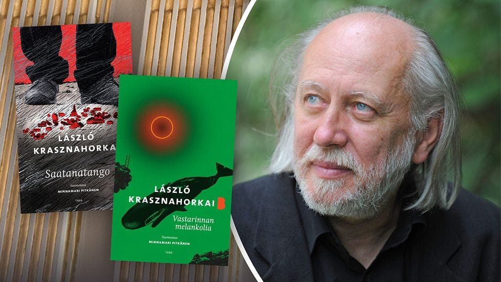 Kuvassa Laszlo Krasznahorkai ja kaksi häneltä suomennettua teosta.