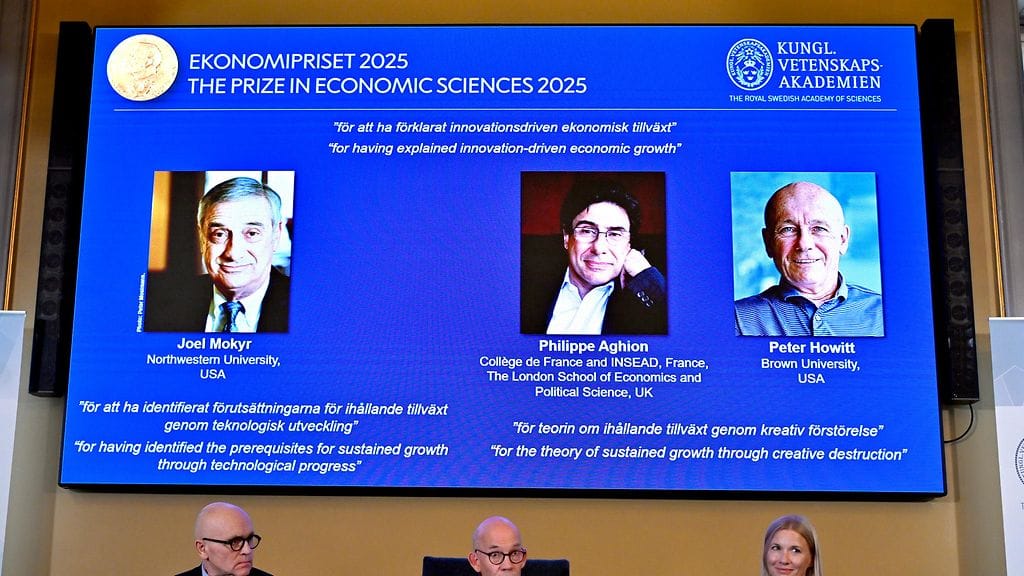 Taloustieteen Nobelin saavat tänä vuonna Joel Mokyr, Philippe Aghion ja Peter Howitt.