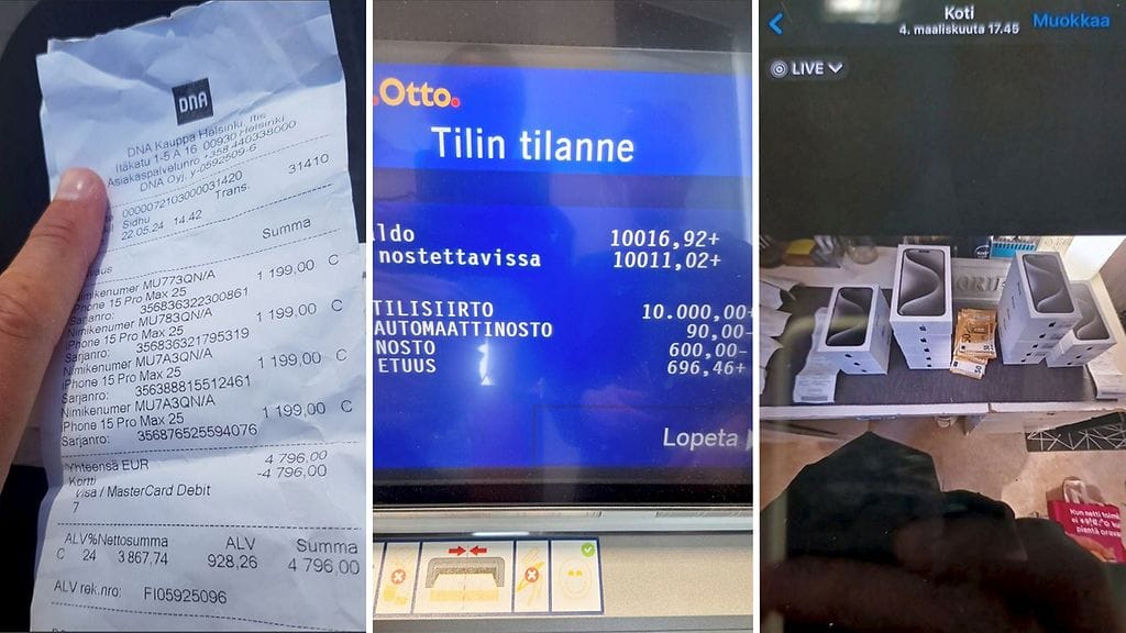 Poliisin esitutkintakuvia. Huijarien epäillään painostaneen eläkeläisiä tilisiirtoihin ja kulutusluottoihin. Rahoilla epäillyt olivat ostaneet muun muassa puhelimia.