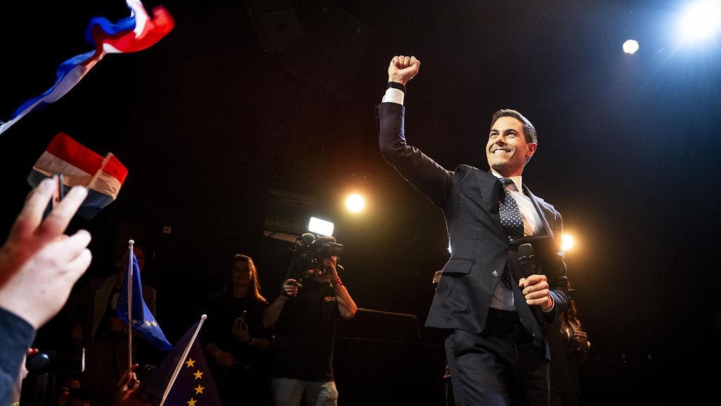 Liberaalin D66-puolueen puheenjohtaja Rob Jetten pääsi tuulettamaan vaalivoittajana.