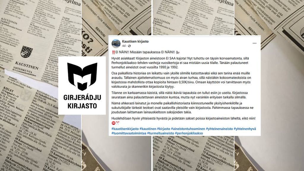 Asiakas on leikellyt Kaustisen kirjaston Perhonjokilaakso-lehden vanhoja vuosikertoja ja palauttanut kirjastoon saksitut lehdet. Kuvakaappaus kirjaston Facebook-julkaisusta.