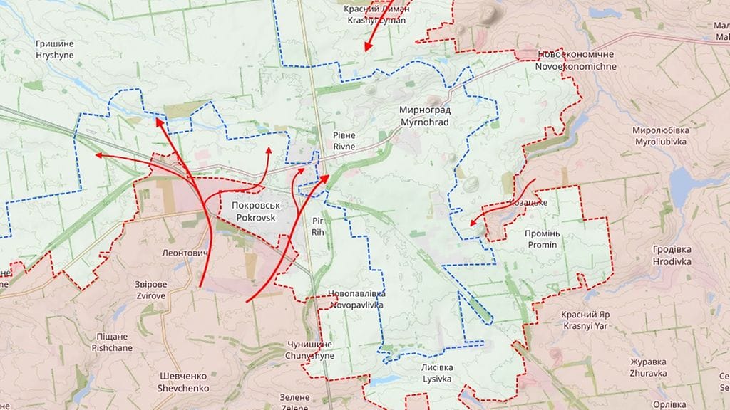 Itä-Ukrainan Pokrovskin kaupungin rintamatilanne 4. marraskuuta. Kartta: Black Bird Group.