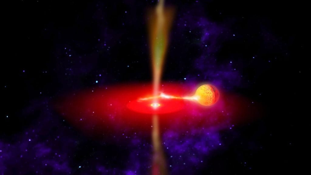 Kuvituskuva mustan aukon energianpurkauksesta.