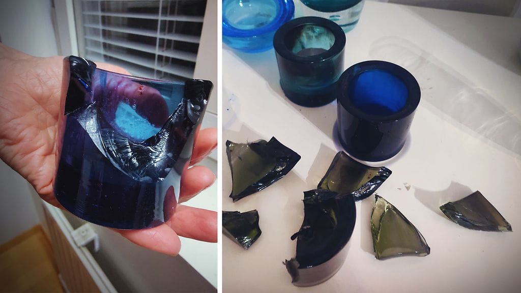 Iittalan kynttilälyhdyille kävi Kristan juhlissa köpelösti. Kuvissa rikki menneitä tuikkukuppeja.