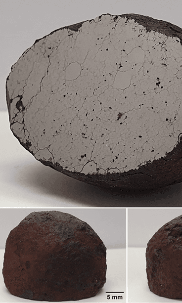 Löpönvaara-meteoriitti on kooltaan pienehkö. Leikattu pinta näyttää meteoriitin sisärakenteen.