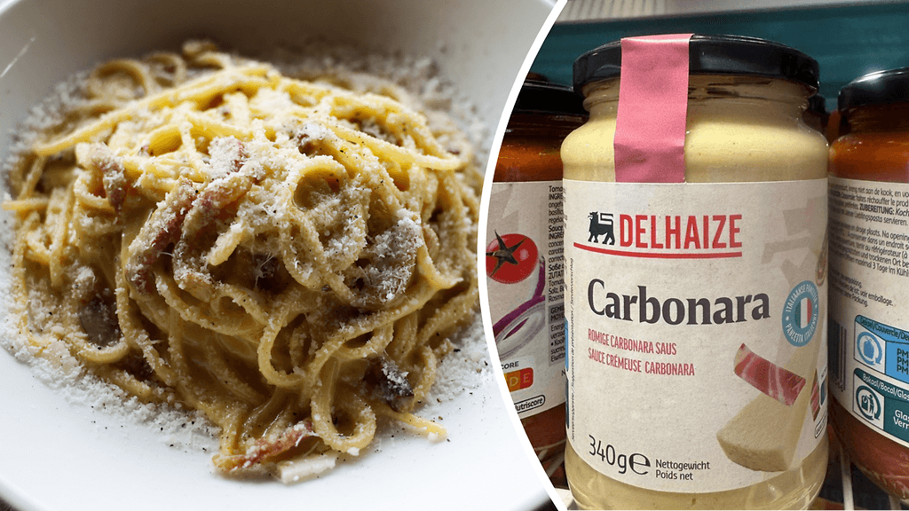 Vasemmalla kuva pasta carbonarasta. Oikealla Italian maatalousministerin julkaisema kuva väärennetystä tuotteesta Euroopan parlamentin myymälässä.