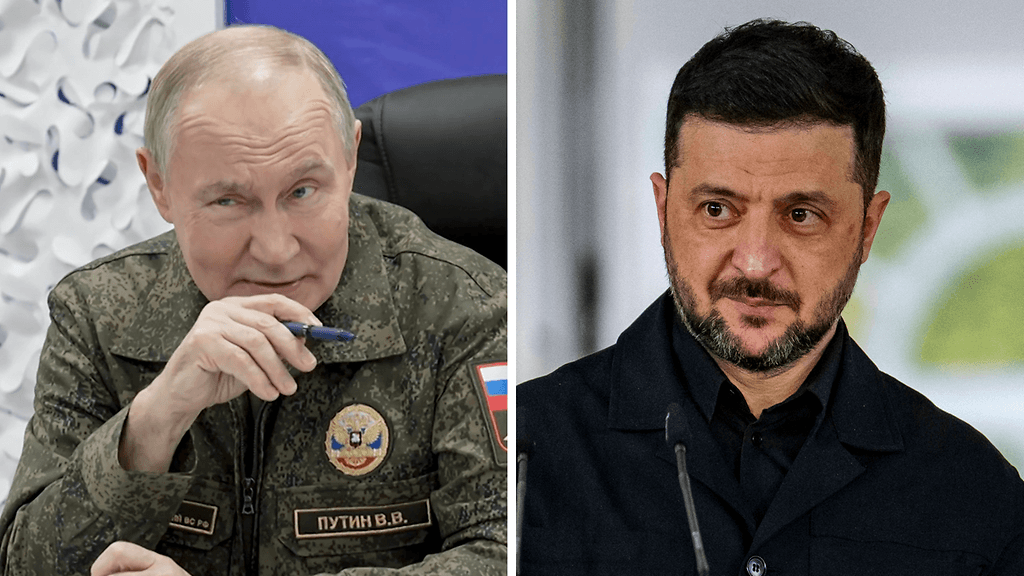 Venäjän presidentti Vladimir Putin ja Ukrainan presidentti Volodymyr Zelenskyi.