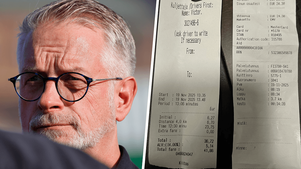 Kansanedustaja julkaisi Facebookissa kuvat taksimatkojensa kuiteista, jotka kummatkin ovat olevinaan Taksi Helsingin -kuitteja.