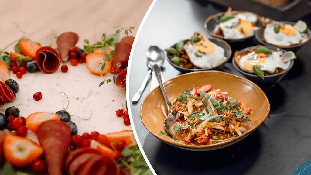 Eri ohjelmien reseptit kiinnostivat suomalaisia vuonna 2025. Kuvassa Koko Suomi leipoo -Sarahin Kesäheinän juhlakattaus sekä MasterChef Suomi -kilpailijoiden Markun ja Samulin thaibasilika-nauta, korianteri-kookosriisi ja som tam -salaatti.