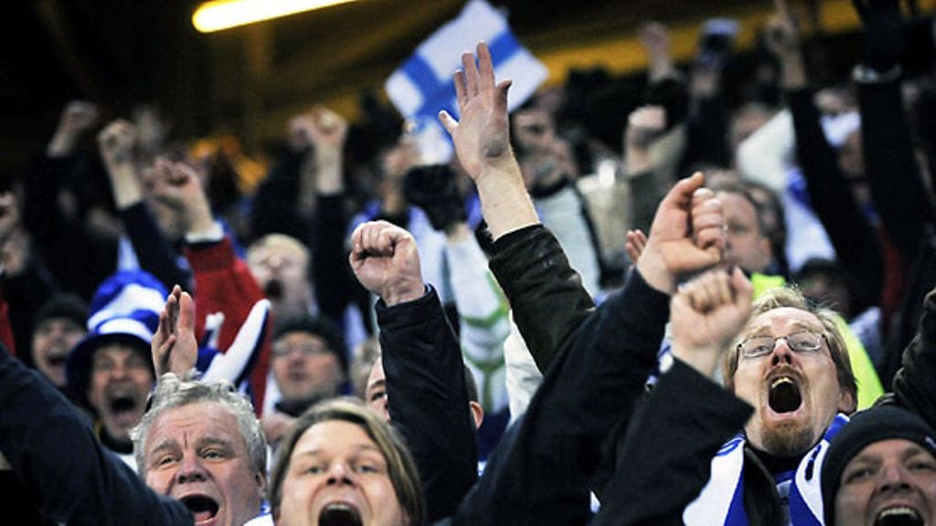 Suomalaisfanien riemua Johanssonin maalin jälkeen. Kuva: Vesa Moilanen/LEHTIKUVA.