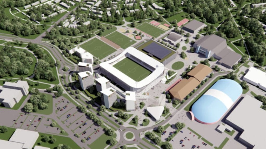 Suuntaa-antava havainnekuva Tapiolan urheilupuistoon rakennettavasta jalkapallostadionista.