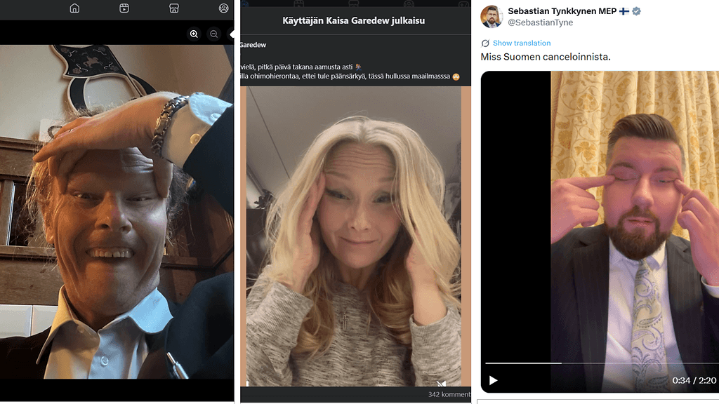 Vasemmalla Juho Eerolan ja keskellä Kaisa Garedewin kuvajulkaisut. Oikealla pysäytyskuva Sebastian Tynkkysen videosta.