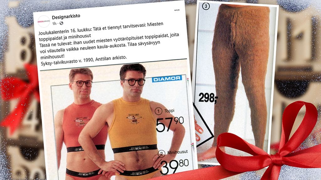 Designarkiston joulukalenterin 16. luukun takaa (kuvassa vasemmalla) löytyy mainos Anttilan syksy-talvikuvastosta vuodelta 1990. Laamahousut ovat vuosimallia 1985–1986.