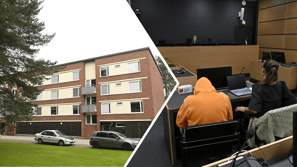 Henkirikos tapahtui kuvassa olevassa talossa Iitissä. Oikean puoleisessa kuvassa syytetty poika Päijät-Hämeen käräjäoikeudessa kesällä 2025.
