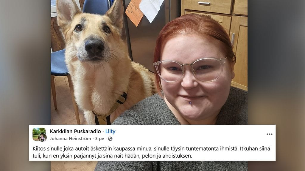 Harvinaisesta CPRS-oireyhtymästä kärsivä Johanna Heinström kiitti Facebookissa kaupassa apuun tullutta ihmistä päivän pelastamisesta. Kuvassa myös Heinströmin Mauri-koira.