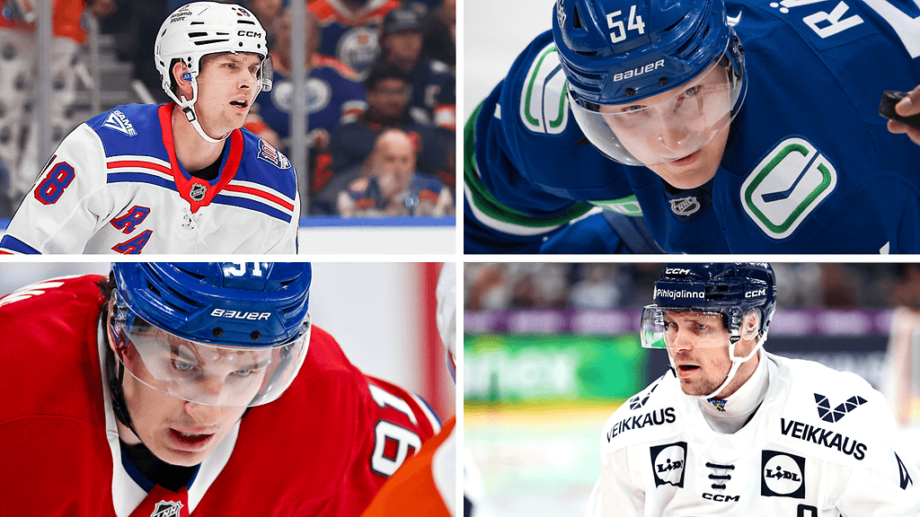 Urho Vaakanainen (vas. ylh.), Aatu Räty, Oliver Kapanen (vas. alh.) ja Mikko Lehtonen ovat Leijonien potentiaalisia olympiapelaajia. MTV Urheilun valinnoissa heistä mukaan pääsivät Räty, Kapanen ja Lehtonen.