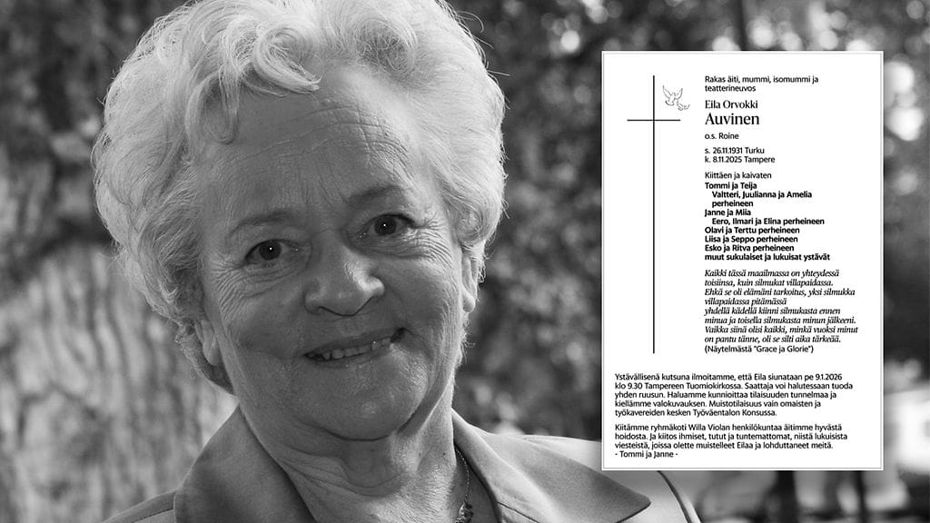 Näyttelijä ja teatterineuvos Eila Roineen kuolinilmoitus julkaistiin Helsingin Sanomissa.