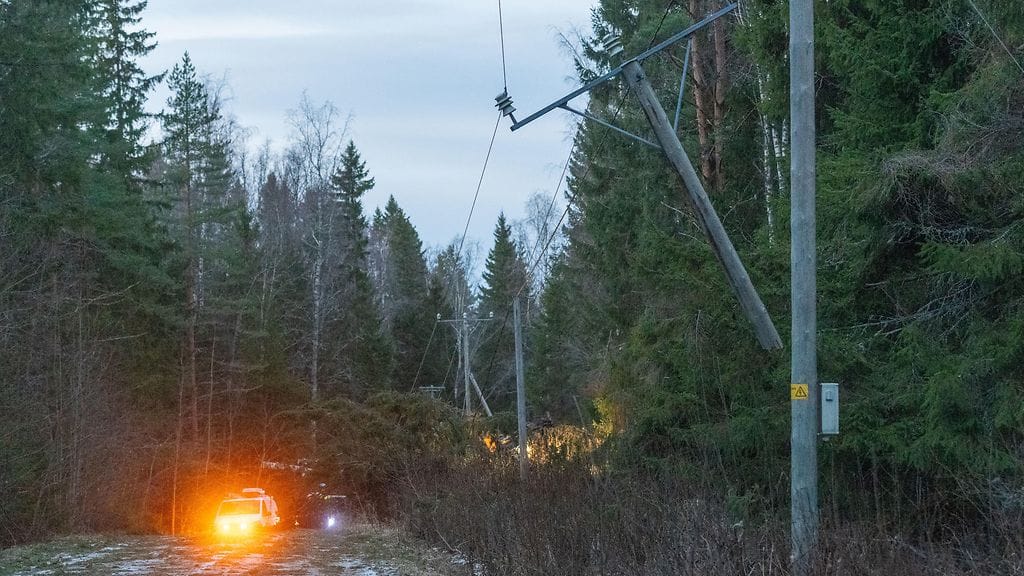 Verkko Korpela raivaamassa myrskytuhon jälkiä sähkötolppien kohdilta Kälviän Rytikarissa 28. joulukuuta 2025.