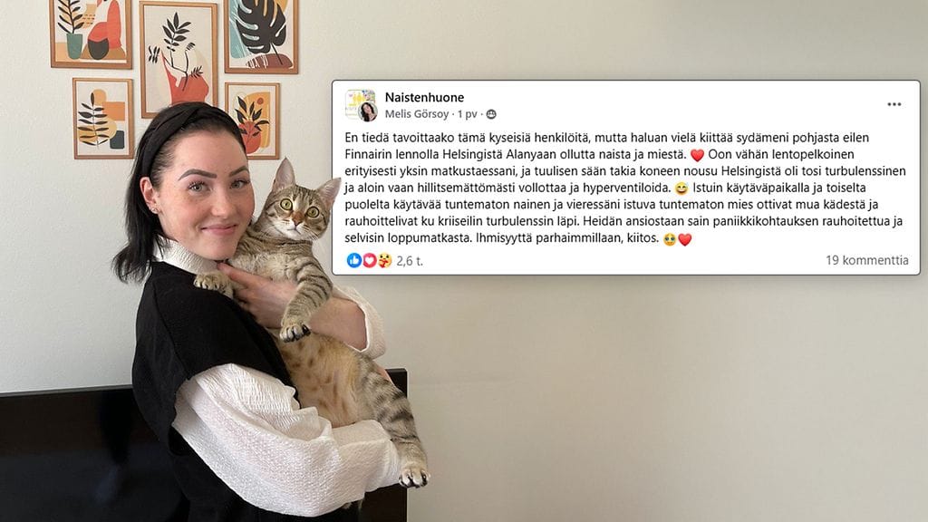 Kuvassa Melis Görsoy ja hänen Turkista adoptoimansa rescue-kissa Nuggets.
