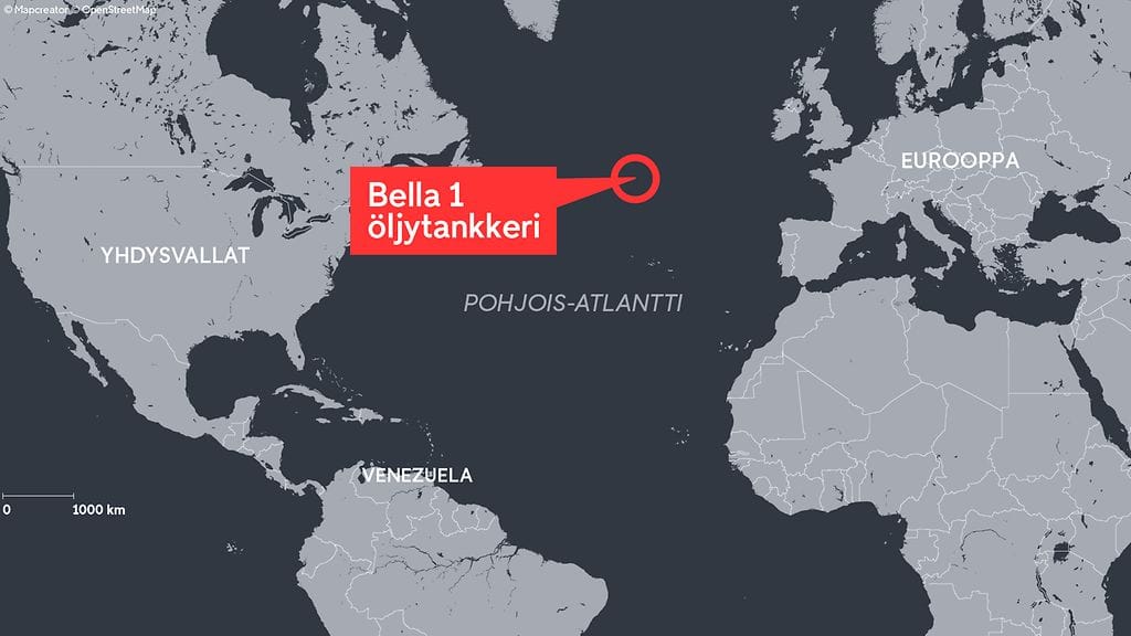 Bella 1 -öljytankkerin sijainti 7. tammikuuta 2026 Marinetraffic -sivuston mukaan.