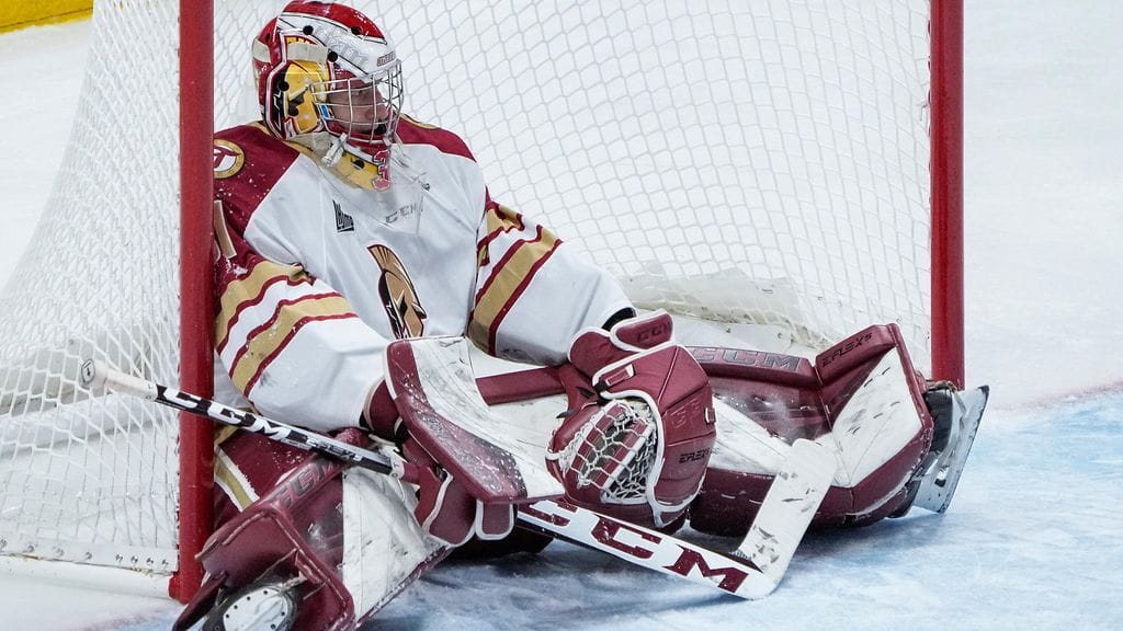 Jan Bednar QMJHL-seura Acadie-Bathurst Titanin maalilla lokakuussa 2021.