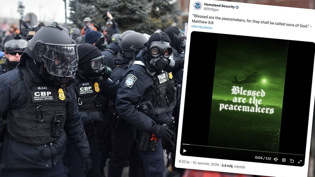 Yhdysvaltain tulli- ja rajavalvontaviranomaiset kohtasivat ICE:ä vastustavia mielenosoittajia Minneapolisissa 15. tammikuuta. Päällä kuvakaappaus Yhdysvaltain sisäisen turvallisuuden ministeriön some-päivityksestä.