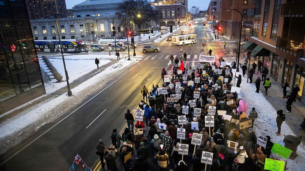 Minnesotassa on järjestetty laajoja mielenosoituksia ICE:n toimien seurauksena tammikuussa. Kuva otettu Stop ICE terror -mielenosoituksesta 20. tammikuuta.