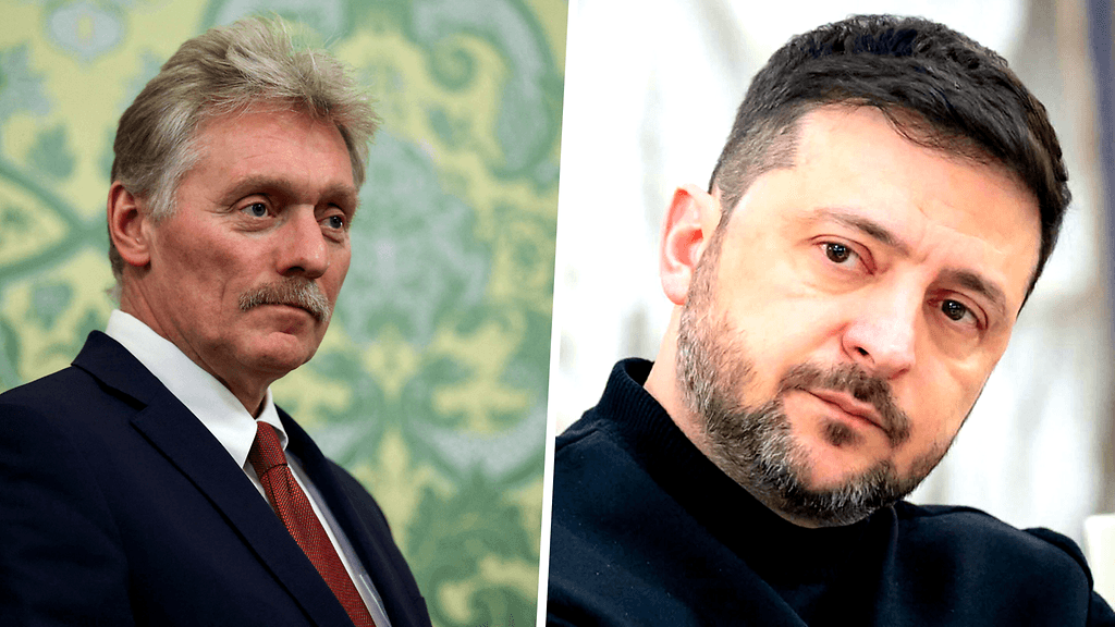 Kremlin tiedottaja Dimitri Peskov ja Ukrainan presidentti Volodymyr Zelenskyi.