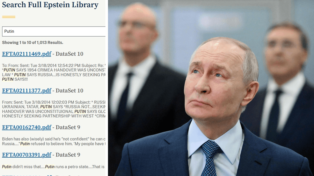 Venäjän presidentin Vladimir Putinin sukunimellä löytyy yli tuhat Epstein-asiakirjaa.