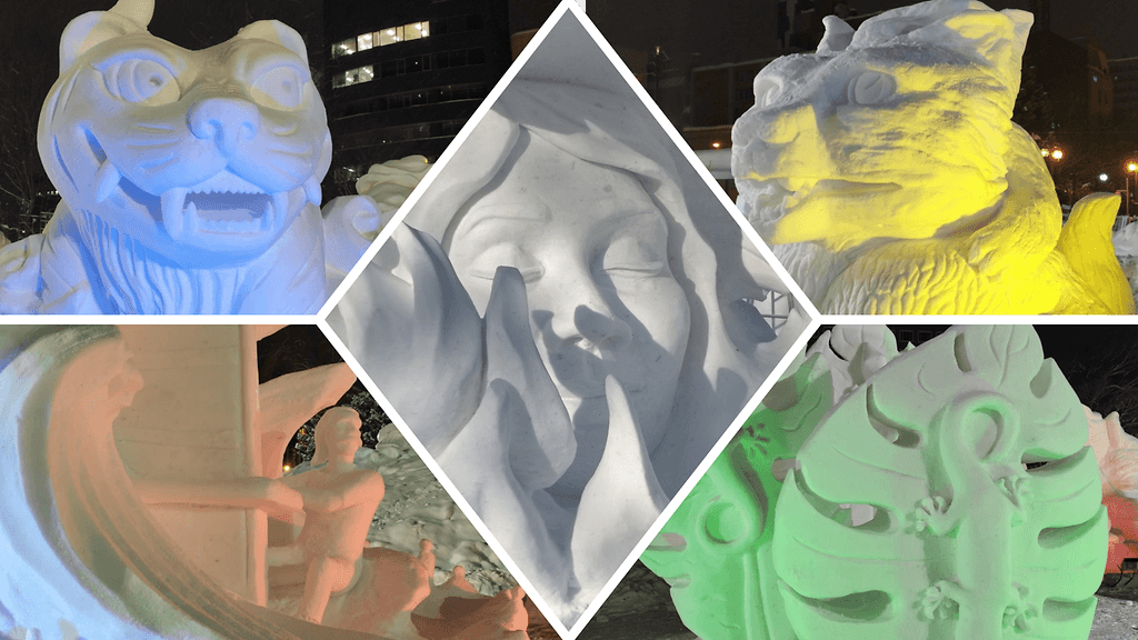 Lumiveistoksia Sapporossa järjestetystä lumiveistoskisasta. Suomen joukkueen teos keskellä.