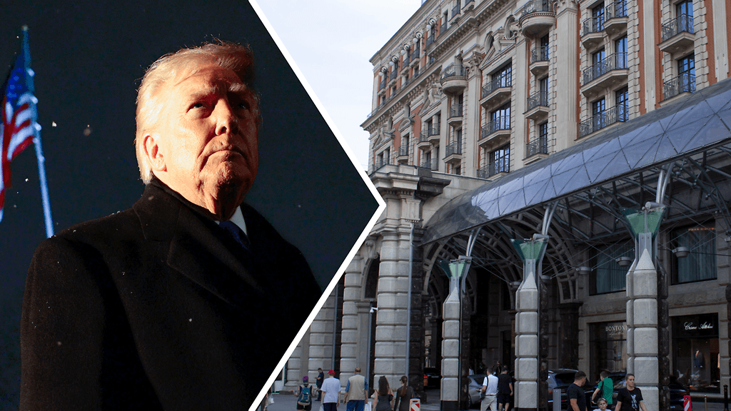 Donald Trump ja entinen Ritz-Carlton hotellirakennus Moskovassa.