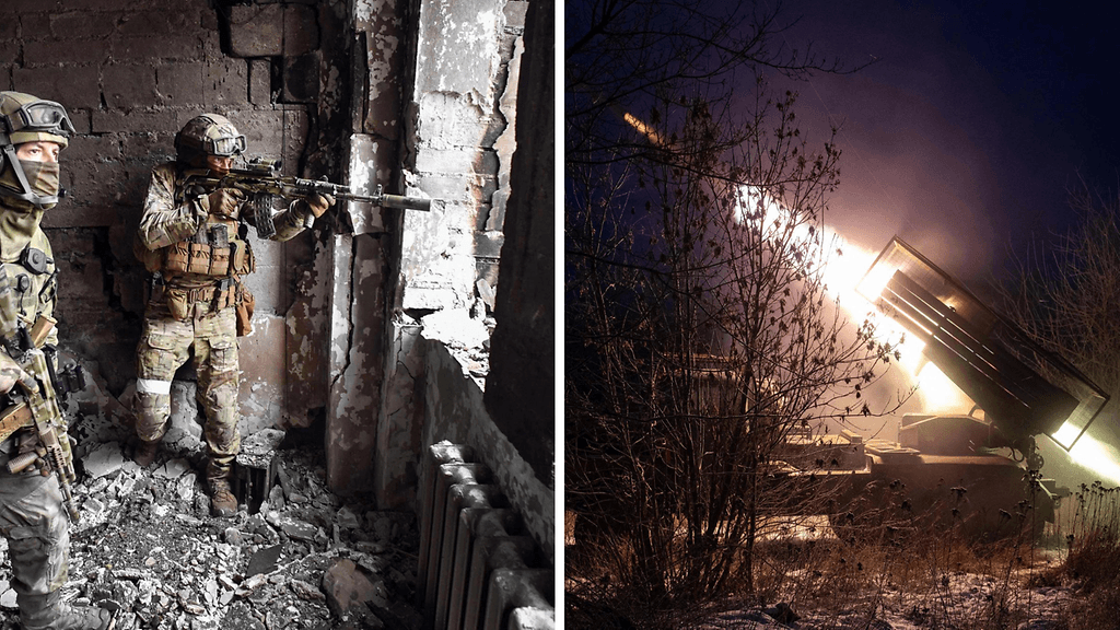 Vasemmassa kuvassa venäläisiä sotilaita Mariupolissa. Oikean puoleisessa kuvassa MRLS BM-21 'Grad' -ohjuslavetti.
