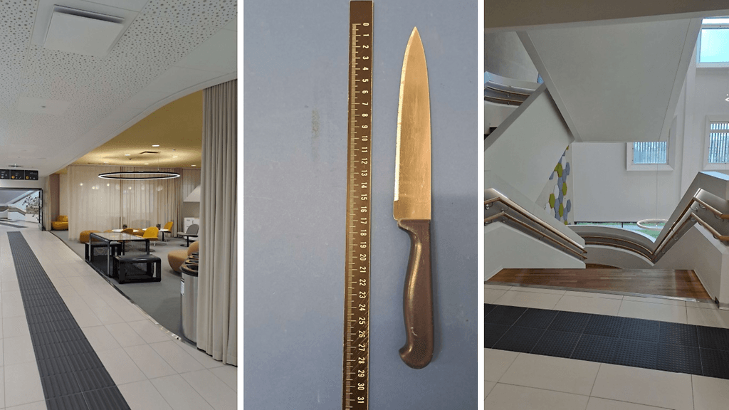 Syytetty oli kävellyt kuvassa näkyvään taukotilaan, missä hän oli vahingoittanut kahta 17-vuotiasta oppilasta veitsellä. Hänet pysäytettiin portaikoissa.