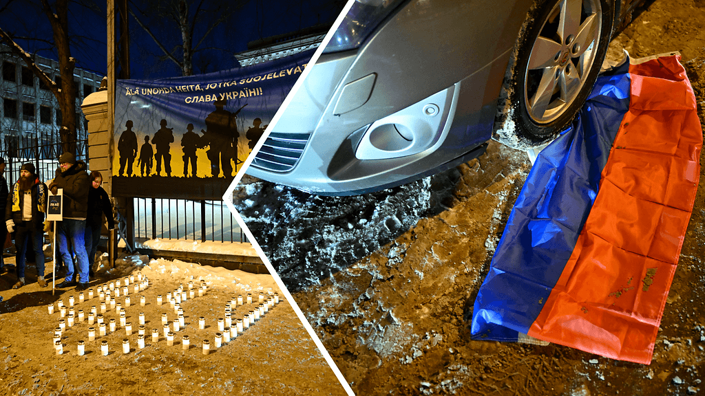 Lehtikuvan kuviin tallentui, kun Venäjän lippua tahrittiin ajamalla sen päältä suurlähetystön edustalla Helsingissä 24. helmikuuta.