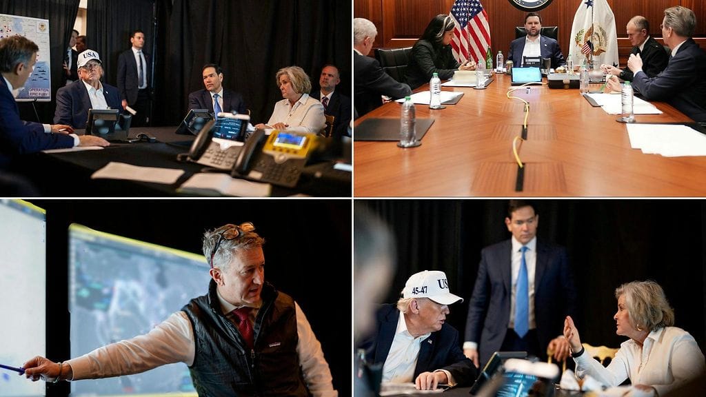 Yhdistelmä Valkoisen talon julkaisemista kuvista, joissa Yhdysvaltojen hallinto seuraa Iraniin kohdistuvia iskuja 28. helmikuuta.