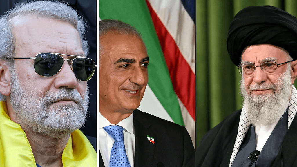 Joidenkin arvioiden mukaan Iranin kansallisen turvallisuusneuvoston sihteeri Ali Larijani (vas.) on yksi ennakkosuosikki Iranin tulevaksi johtajaksi. Maanpaosta tarjolle uuden Iranin johtoon on ilmoittautunut ainakin edesmenneen syrjäytetyn shaahin poika Reza Pahlavi (kesk.).