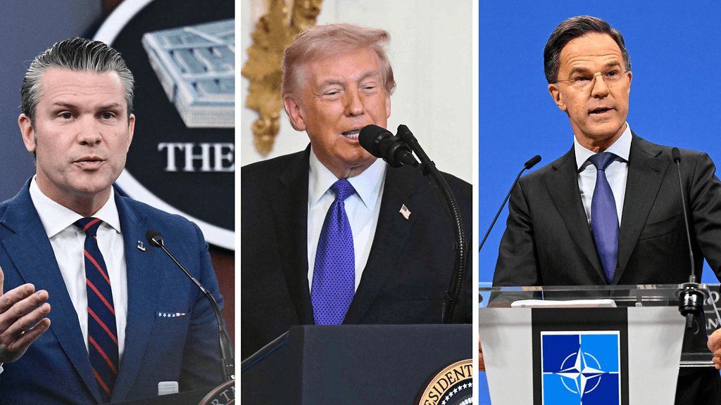 Naton pääsihteeri Mark Rutten (oik.) mukaan puolustusliitolla ei ole kertakaikkiaan mitään suunnitelmia olla mukana Iranin operaatiossa, josta ministeri Pete Hegseth (vas.) ja presidentti Donald Trump antoivat maanantaina lisätietoja.