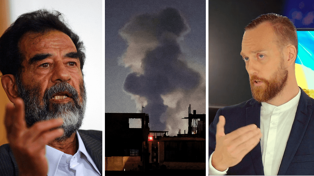 Ilmari Käihkö (oikealla) muistuttaa, että Saddam Husseinin (vasemmalla) viivytystaktiikat Persianlahden sodassa (1990–1991) hidastivat Yhdysvaltojen johtaman liittouman etenemistä.