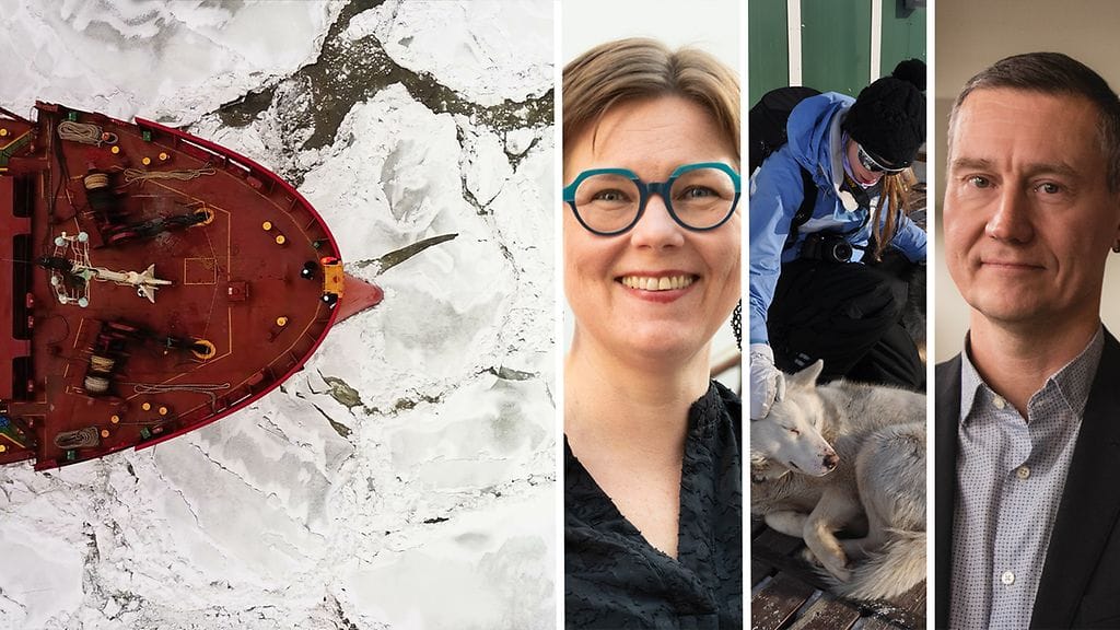 Arktisen alueen tasapaino, niin ilmaston kuin politiikankin osalta, on merkittävä asia Suomelle. Tiedekulmassa keskustelemassa Sanna Kopra, Nina Sarnela ja Veli-Pekka Tynkkynen.
