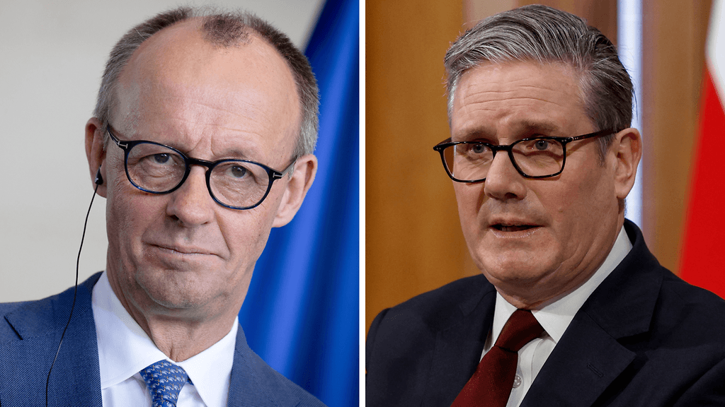 Vasemmalla Saksan liittokansleri Friedrich Merz, oikealla Britannian pääministeri Keir Starmer.