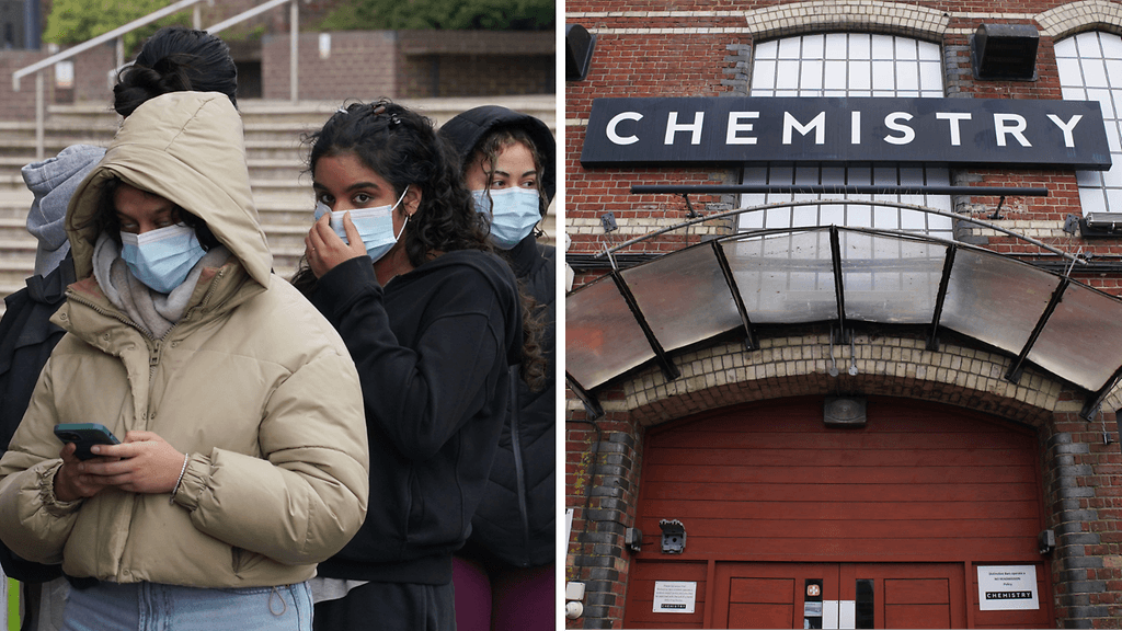 Opiskelijat jonottivat antibiootteja Kentin yliopiston alueella. Toisessa kuvassa yökerho, jonka epäillään liittyvän tartuntoihin.