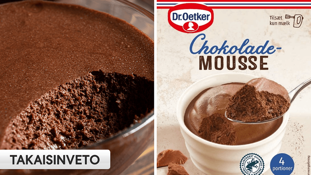 Dr. Oetker Suomi Oy vetää takaisin suklaamoussejauhetta. Vasemmalla kuvituskuva.