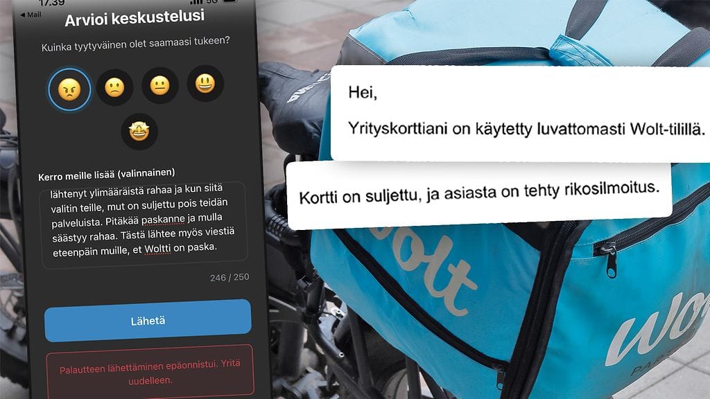 Kuvassa vasemmalla Minnan Woltille antama palaute, joka ei mennyt perille. Oikealla kuvakaappauksia Janni Kitin viesteistä.